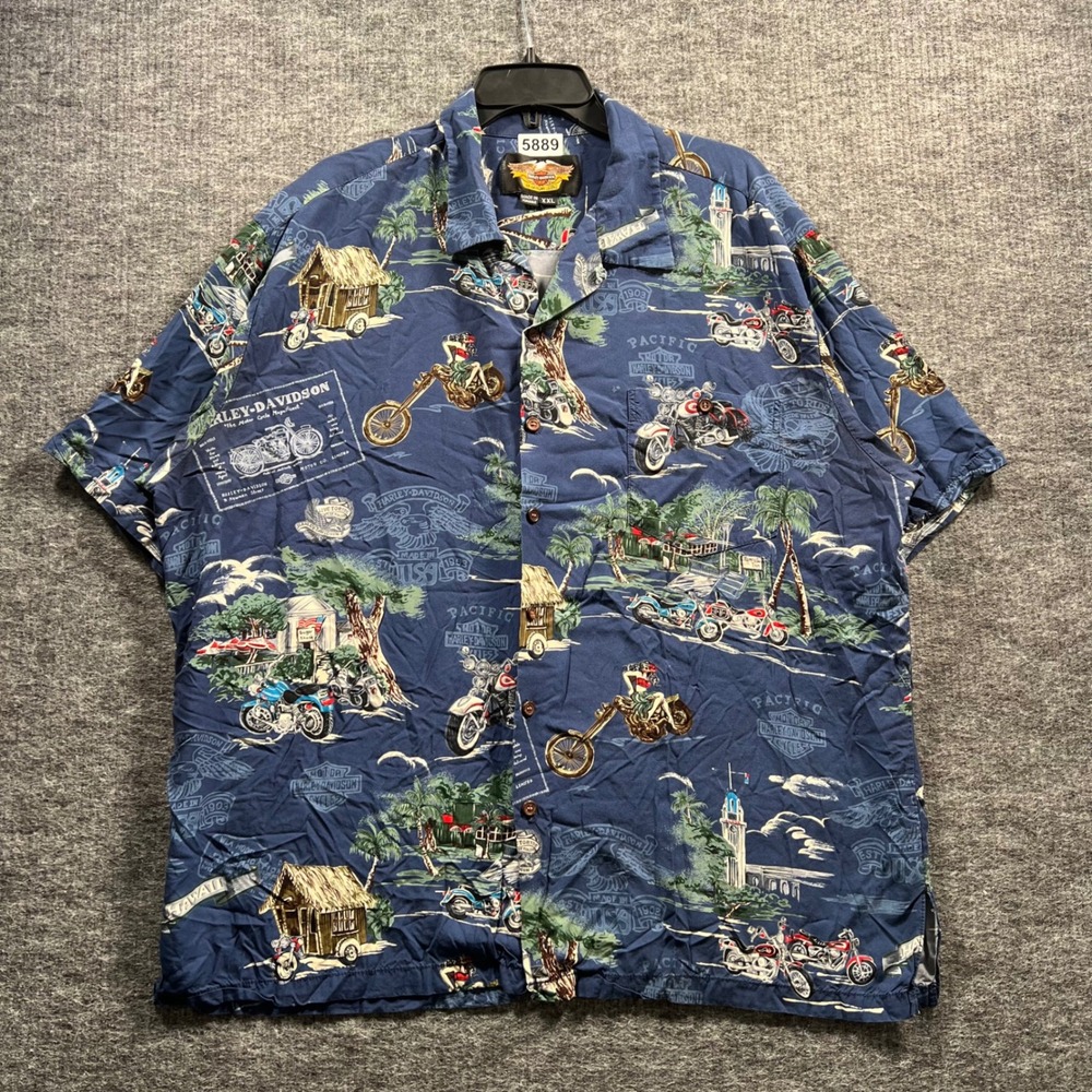 Harley-Davidson Mens XXL Blue Hawaiian Shirt Pacific Motorcycle Print USA Made